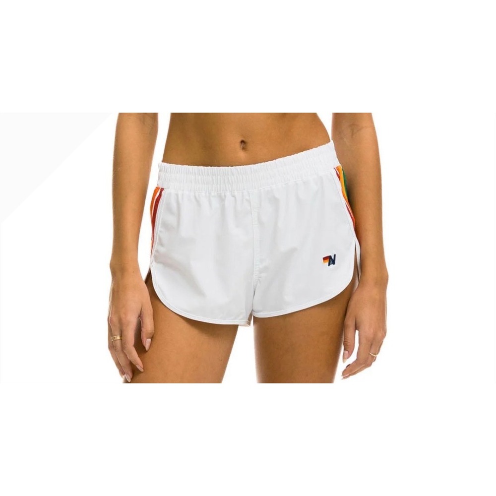 Aviator Nation White Athletic Shorts with Rainbow Side Stripes